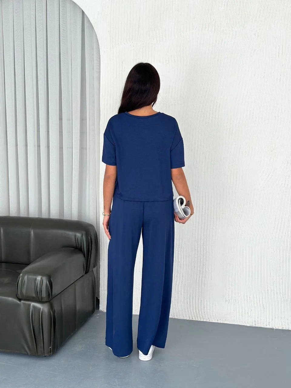 Osy Modal Yumuşak Dokulu Kumaş Bisiklet Yaka T-shirt Bol paça Pantalon ikili Takım - Varsayılan