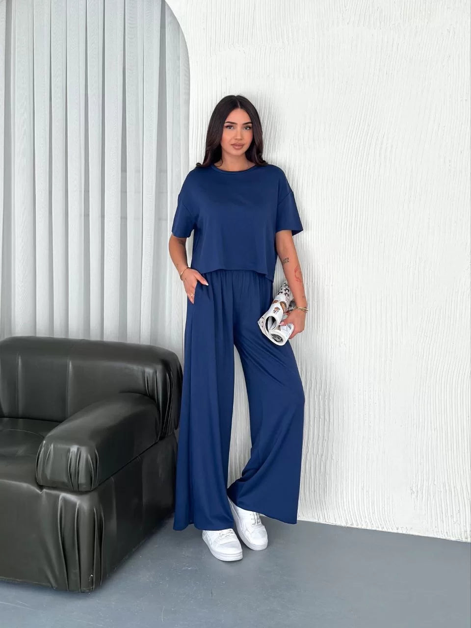 Osy Modal Yumuşak Dokulu Kumaş Bisiklet Yaka T-shirt Bol paça Pantalon ikili Takım - Varsayılan