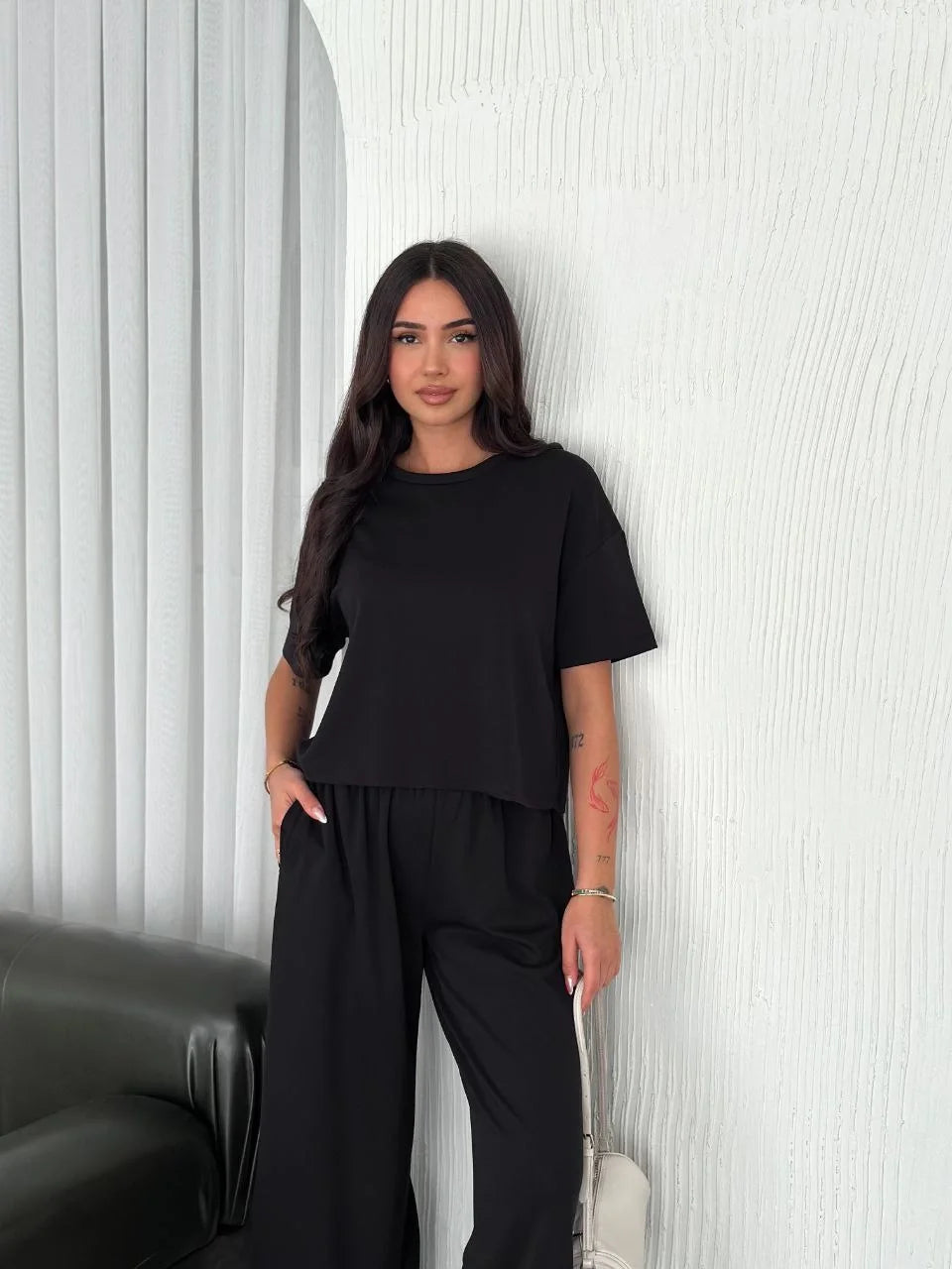 Osy Modal Yumuşak Dokulu Kumaş Bisiklet Yaka T-shirt Bol paça Pantalon ikili Takım - Varsayılan