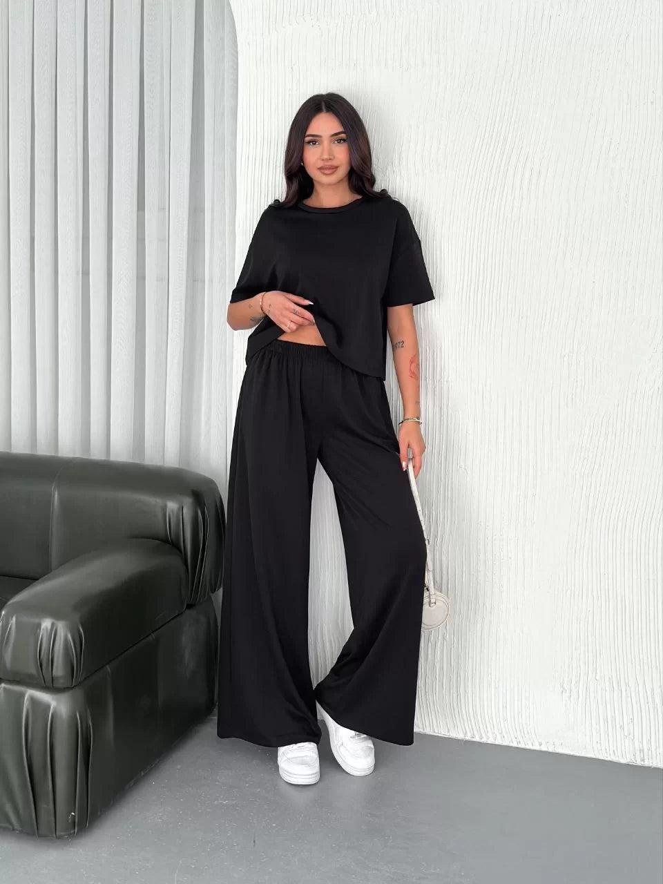Osy Modal Yumuşak Dokulu Kumaş Bisiklet Yaka T-shirt Bol paça Pantalon ikili Takım - Varsayılan