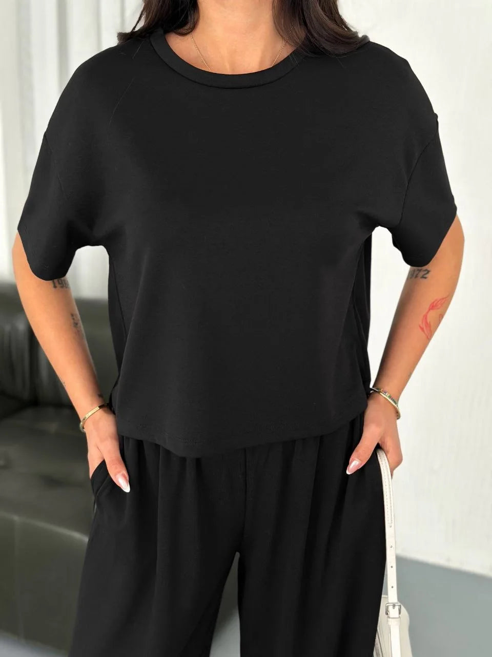 Osy Modal Yumuşak Dokulu Kumaş Bisiklet Yaka T-shirt Bol paça Pantalon ikili Takım - Varsayılan