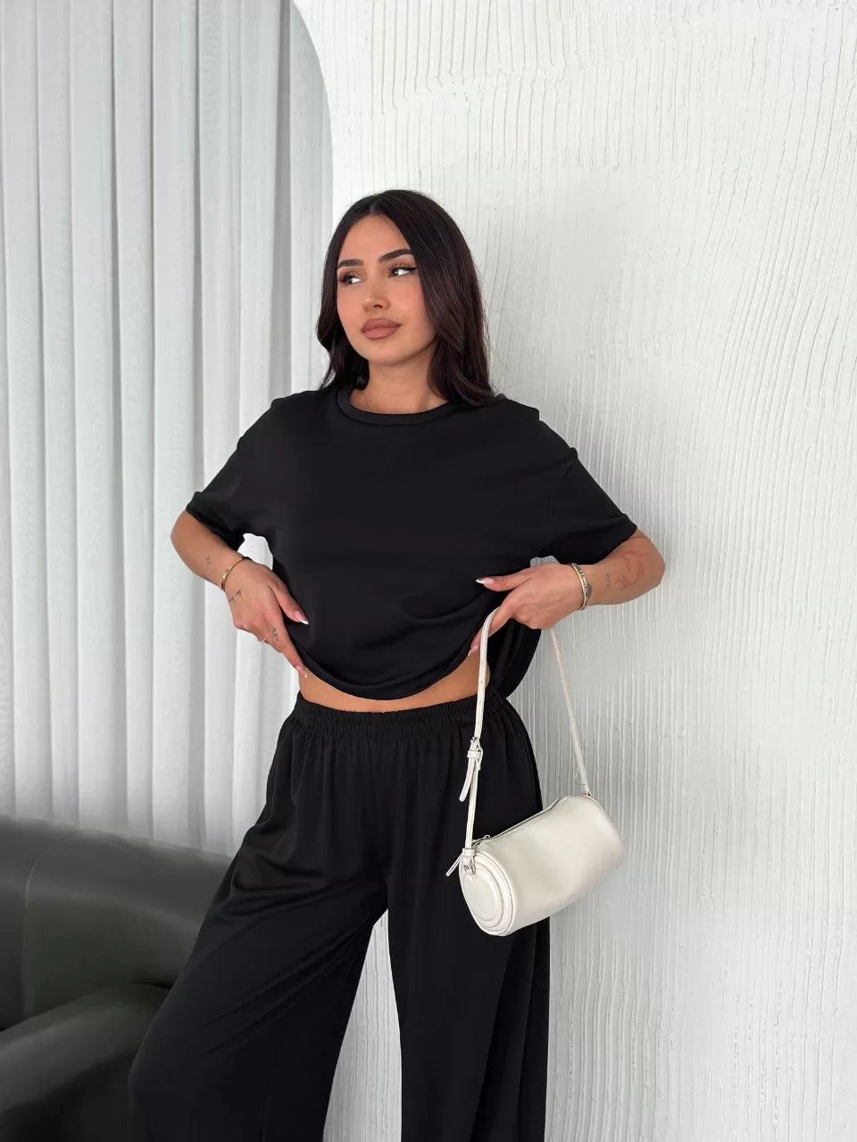 Osy Modal Yumuşak Dokulu Kumaş Bisiklet Yaka T-shirt Bol paça Pantalon ikili Takım - Varsayılan