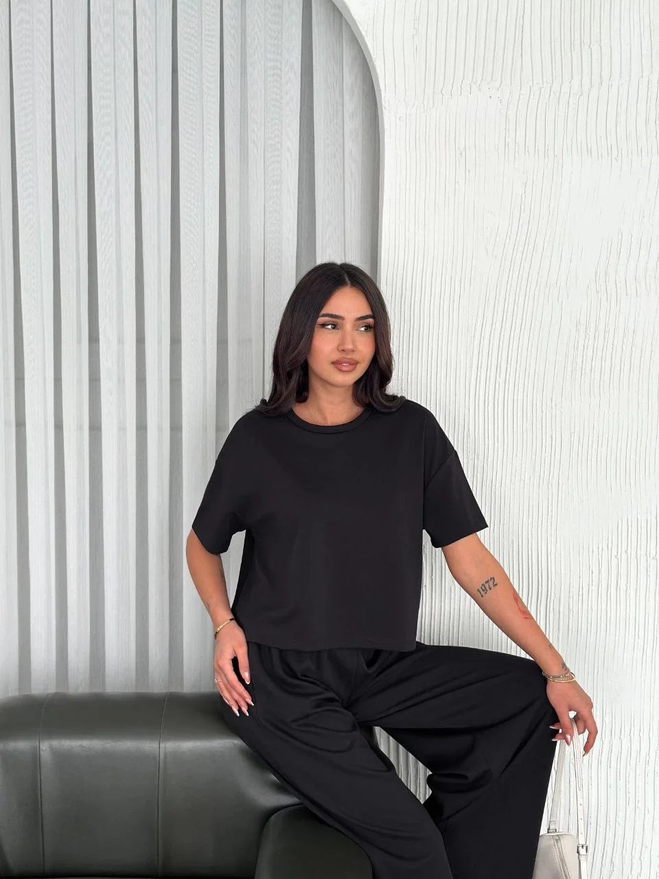 Osy Modal Yumuşak Dokulu Kumaş Bisiklet Yaka T-shirt Bol paça Pantalon ikili Takım - Varsayılan