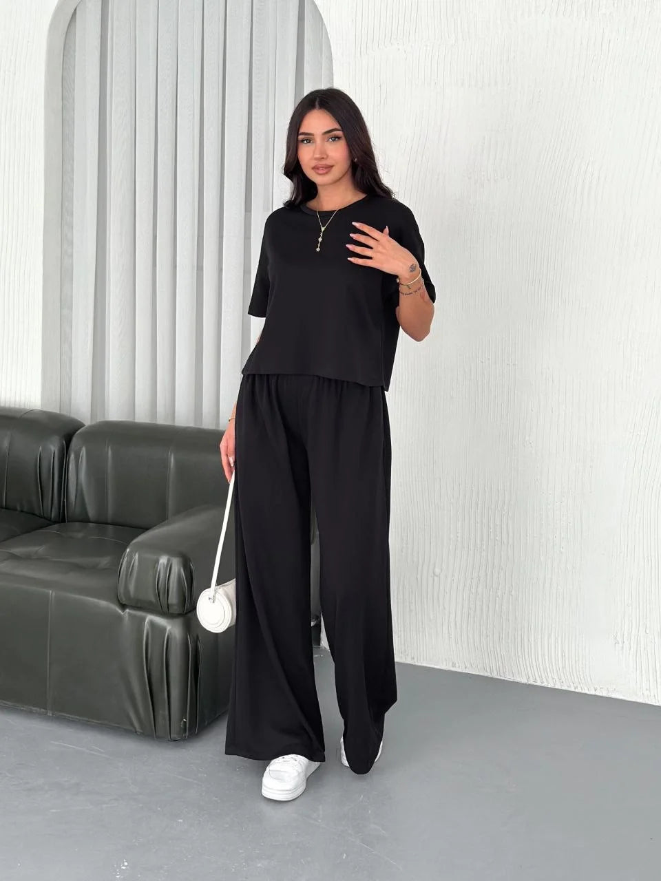 Osy Modal Yumuşak Dokulu Kumaş Bisiklet Yaka T-shirt Bol paça Pantalon ikili Takım - Varsayılan