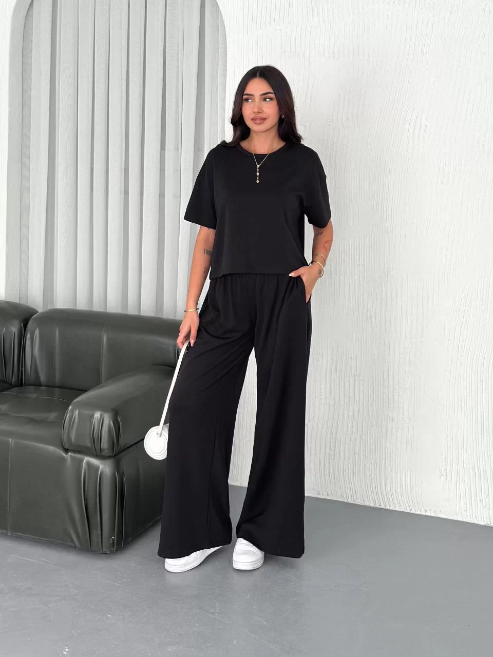 Osy Modal Yumuşak Dokulu Kumaş Bisiklet Yaka T-shirt Bol paça Pantalon ikili Takım - Varsayılan