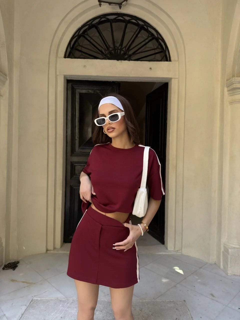 Osy Modal yumuşak dokulu Kumaş Kadın Parçalı Bisiklet Yaka T-shirt Mini Şortlu Etek İkili Takım - Varsayılan