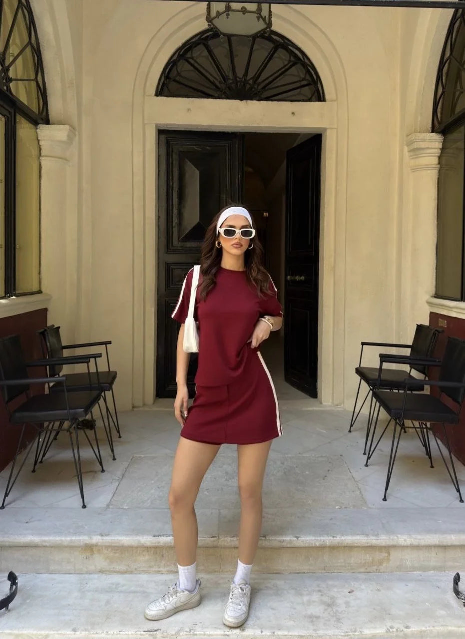 Osy Modal yumuşak dokulu Kumaş Kadın Parçalı Bisiklet Yaka T-shirt Mini Şortlu Etek İkili Takım - Varsayılan