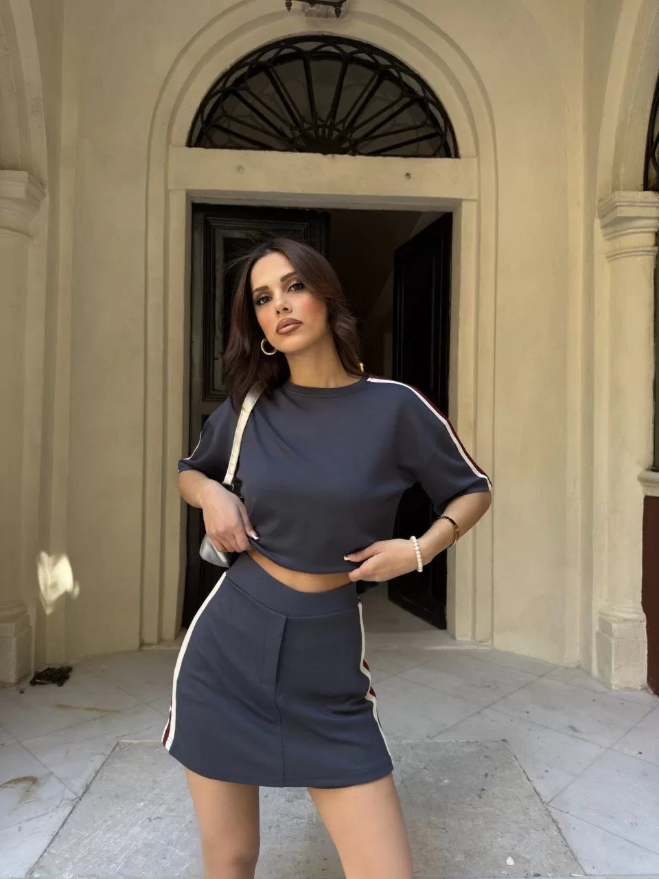 Osy Modal yumuşak dokulu Kumaş Kadın Parçalı Bisiklet Yaka T-shirt Mini Şortlu Etek İkili Takım - Varsayılan