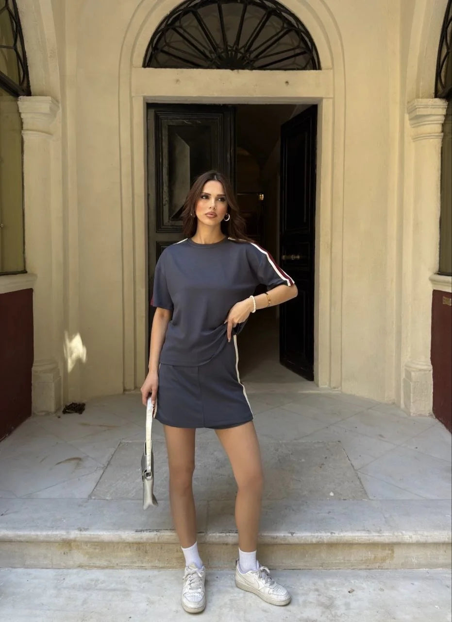 Osy Modal yumuşak dokulu Kumaş Kadın Parçalı Bisiklet Yaka T-shirt Mini Şortlu Etek İkili Takım - Varsayılan