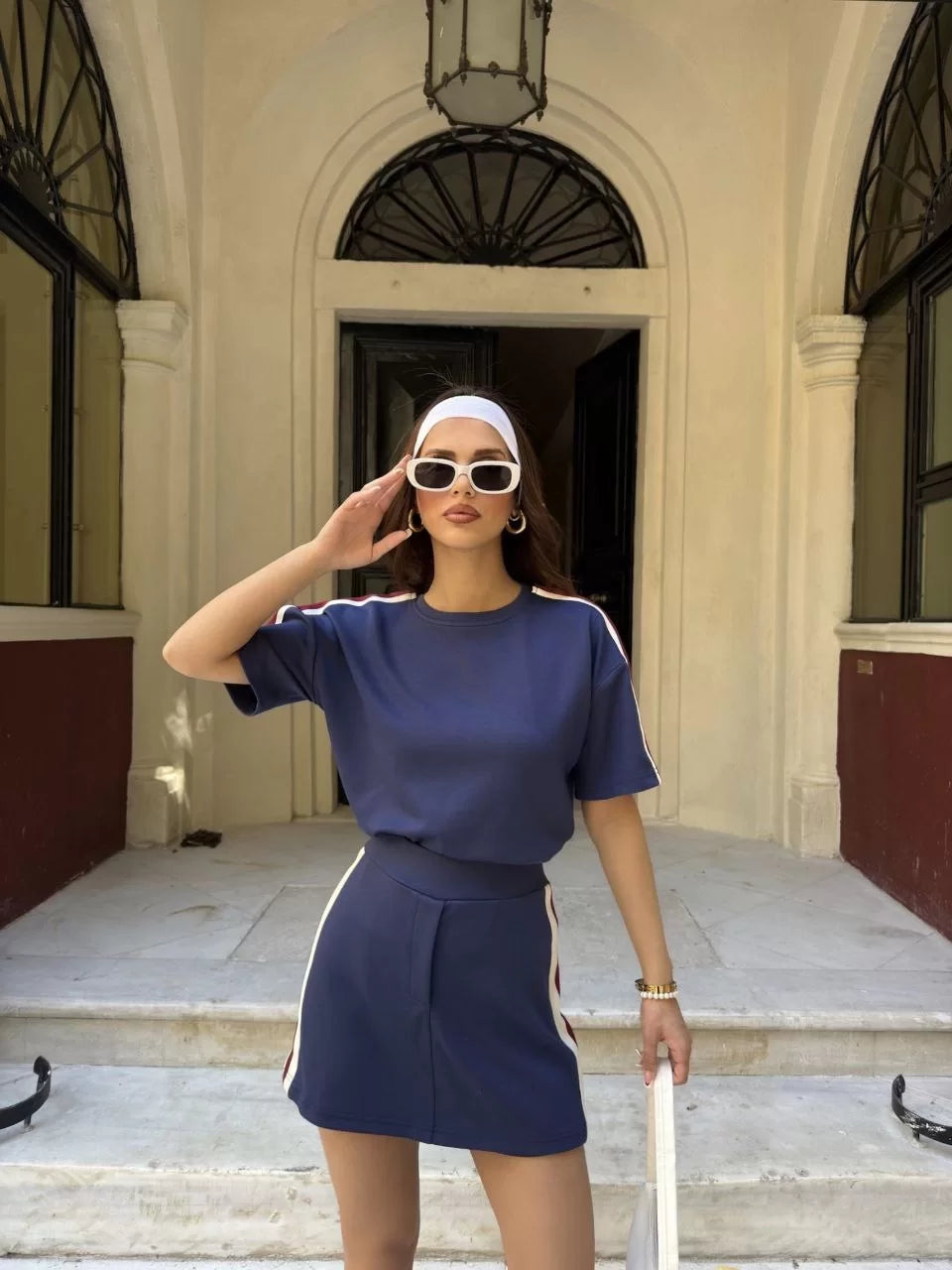Osy Modal yumuşak dokulu Kumaş Kadın Parçalı Bisiklet Yaka T-shirt Mini Şortlu Etek İkili Takım - Varsayılan