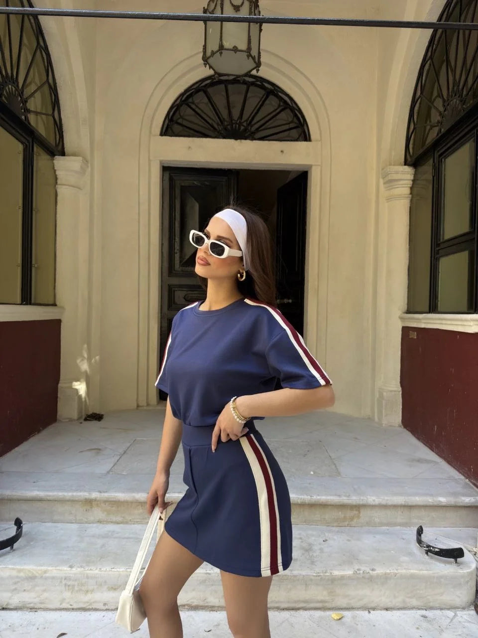 Osy Modal yumuşak dokulu Kumaş Kadın Parçalı Bisiklet Yaka T-shirt Mini Şortlu Etek İkili Takım - Varsayılan