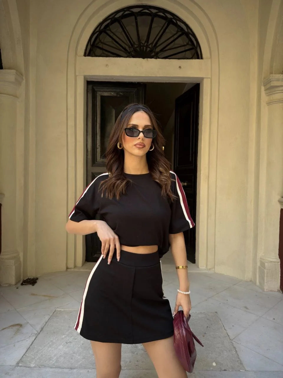 Osy Modal yumuşak dokulu Kumaş Kadın Parçalı Bisiklet Yaka T-shirt Mini Şortlu Etek İkili Takım - Varsayılan