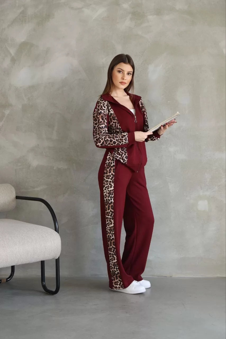 Osy Modal Yumuşak Dokulu Kumaş Kapüşonlu Leopar Desenli Fermuarlı Takım - Varsayılan
