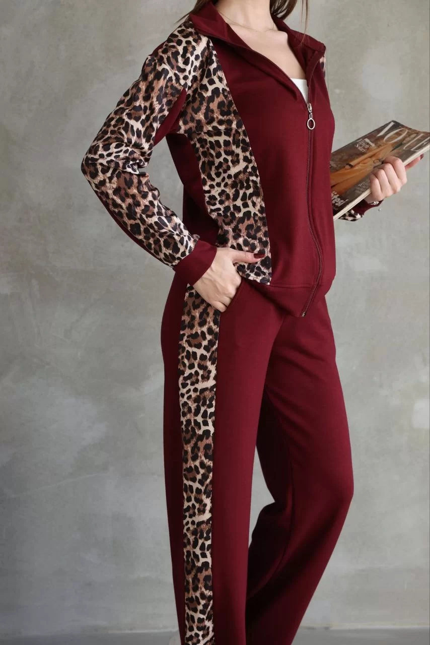 Osy Modal Yumuşak Dokulu Kumaş Kapüşonlu Leopar Desenli Fermuarlı Takım - Varsayılan
