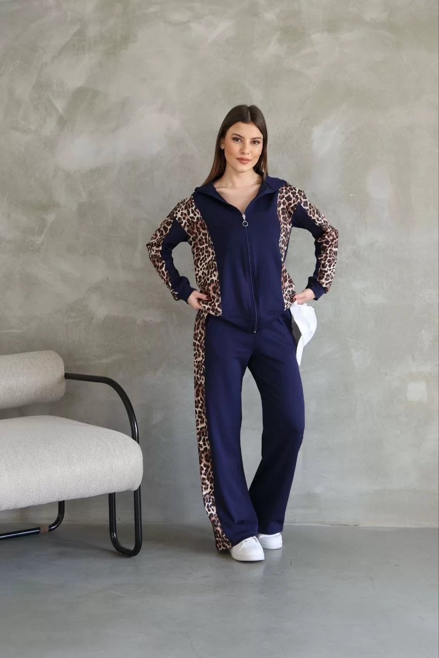Osy Modal Yumuşak Dokulu Kumaş Kapüşonlu Leopar Desenli Fermuarlı Takım - Varsayılan