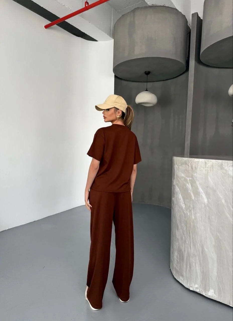 Osy Modal Yumuşak Dokulu Kumaş Kısa Kollu Bluz Rahat Pantalon ikili Takım- Lacivert - Varsayılan