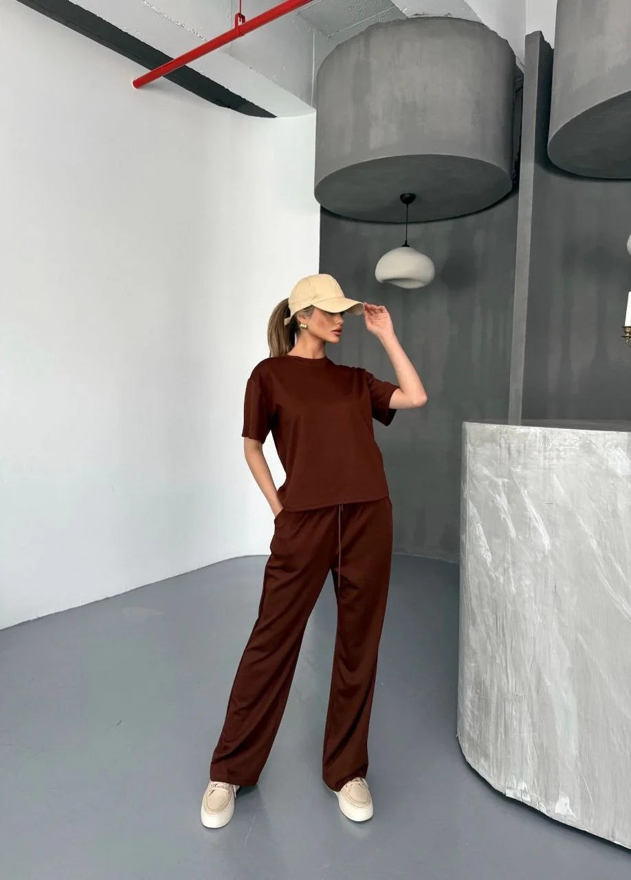 Osy Modal Yumuşak Dokulu Kumaş Kısa Kollu Bluz Rahat Pantalon ikili Takım- Lacivert - Varsayılan