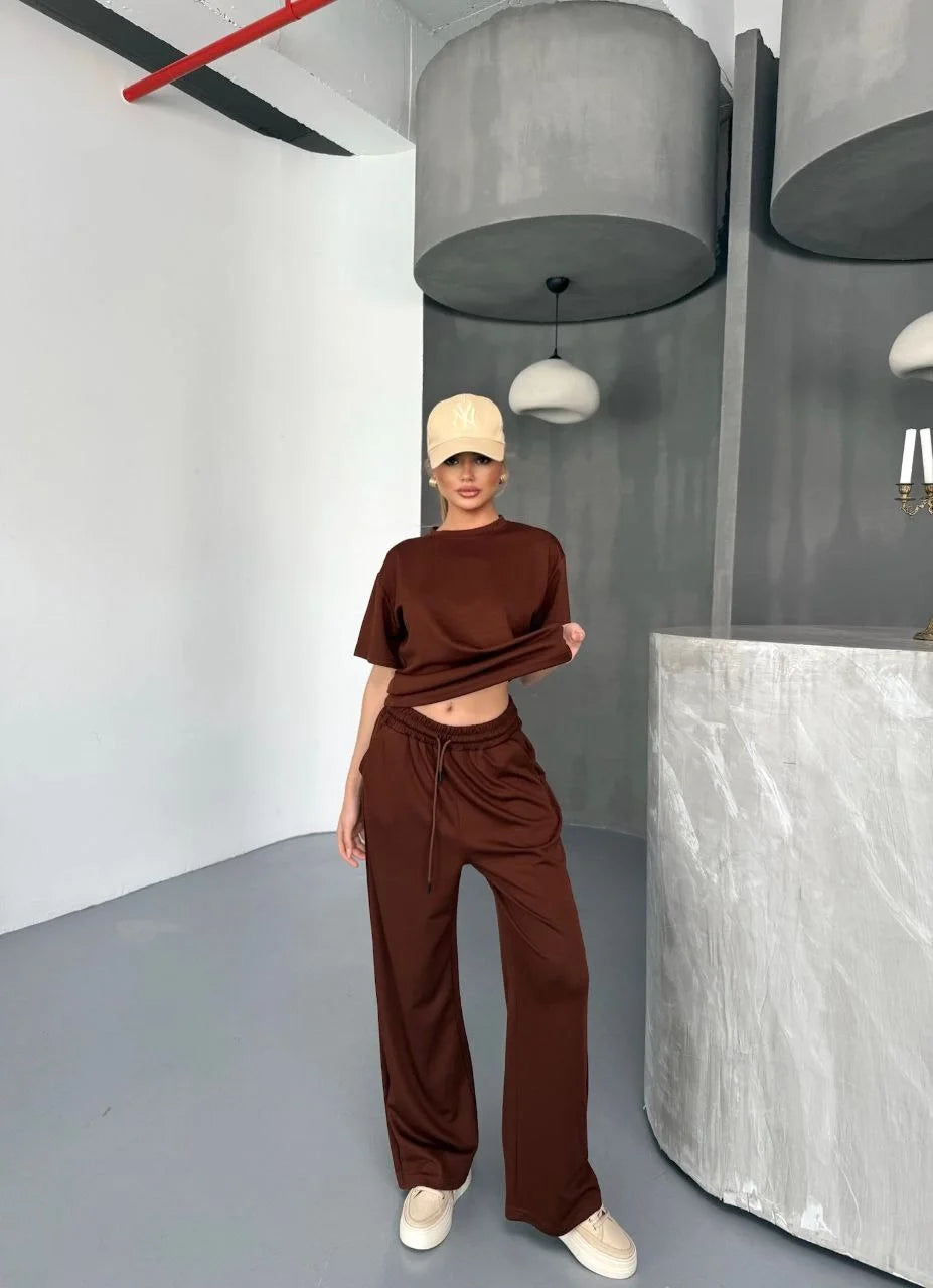 Osy Modal Yumuşak Dokulu Kumaş Kısa Kollu Bluz Rahat Pantalon ikili Takım- Lacivert - Varsayılan