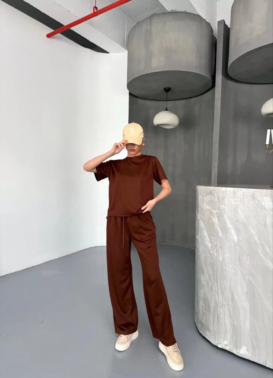 Osy Modal Yumuşak Dokulu Kumaş Kısa Kollu Bluz Rahat Pantalon ikili Takım- Lacivert - Varsayılan