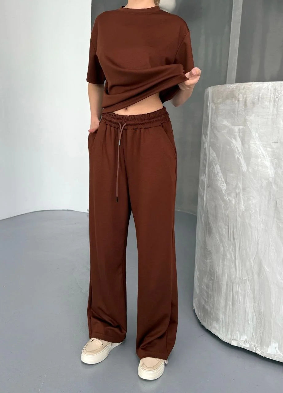 Osy Modal Yumuşak Dokulu Kumaş Kısa Kollu Bluz Rahat Pantalon ikili Takım- Lacivert - Varsayılan
