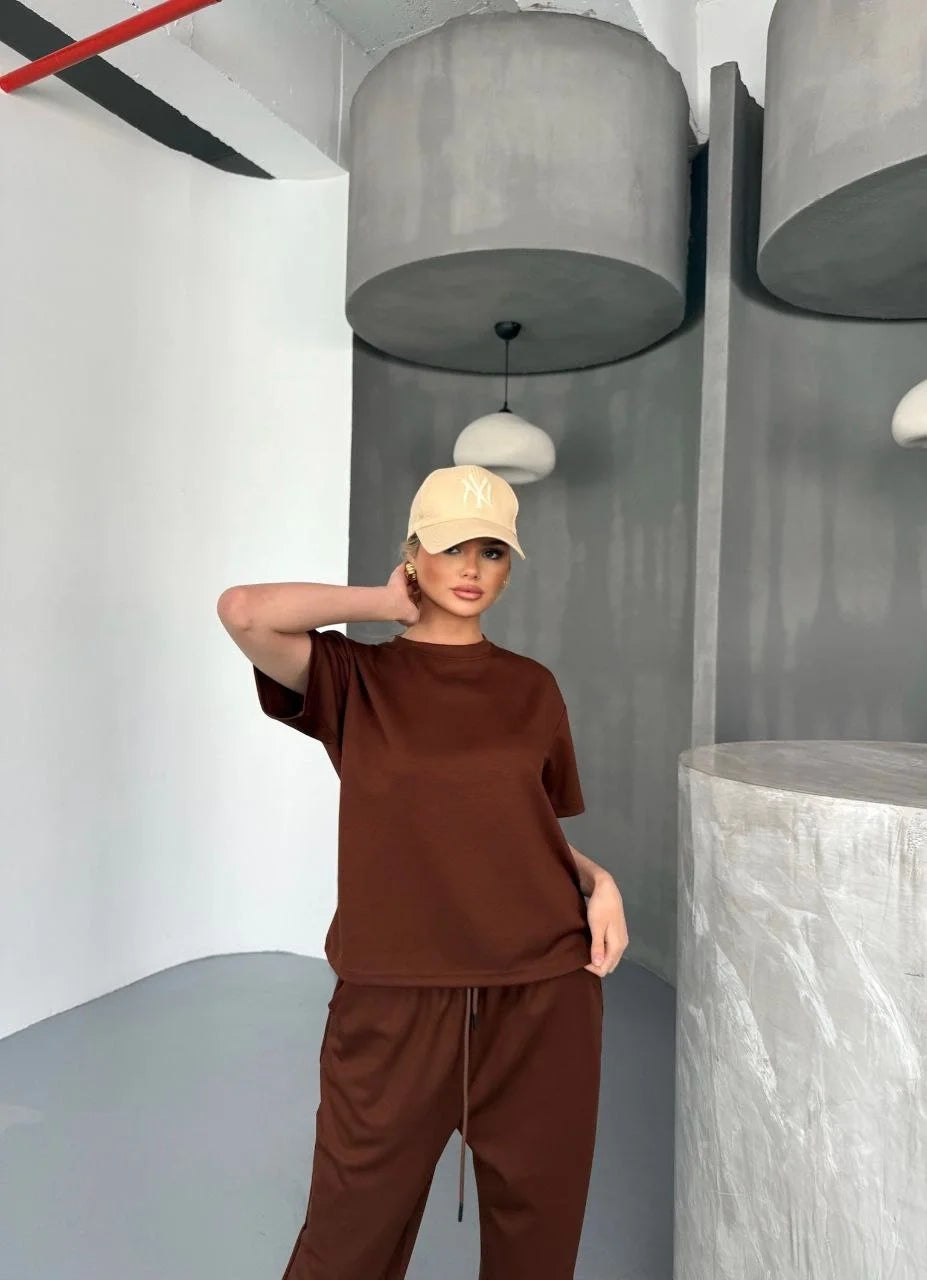 Osy Modal Yumuşak Dokulu Kumaş Kısa Kollu Bluz Rahat Pantalon ikili Takım- Lacivert - Varsayılan