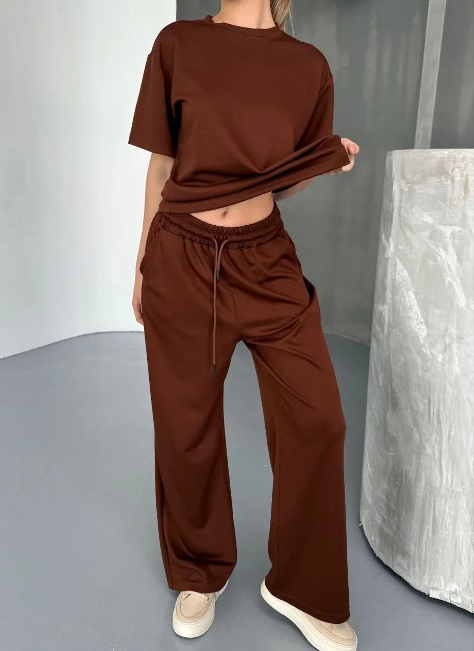 Osy Modal Yumuşak Dokulu Kumaş Kısa Kollu Bluz Rahat Pantalon ikili Takım- Lacivert - Varsayılan