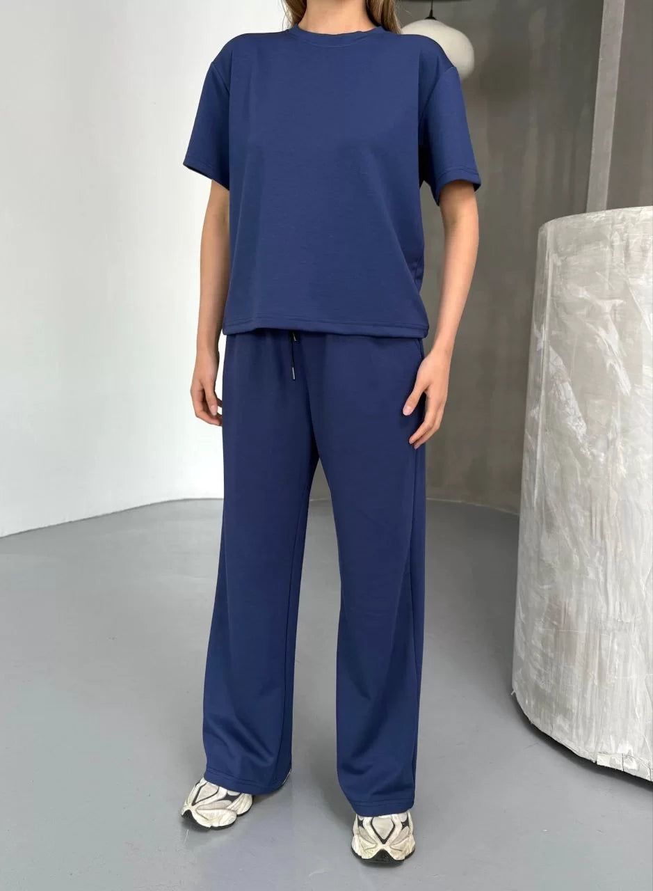 Osy Modal Yumuşak Dokulu Kumaş Kısa Kollu Bluz Rahat Pantalon ikili Takım- Lacivert - Varsayılan