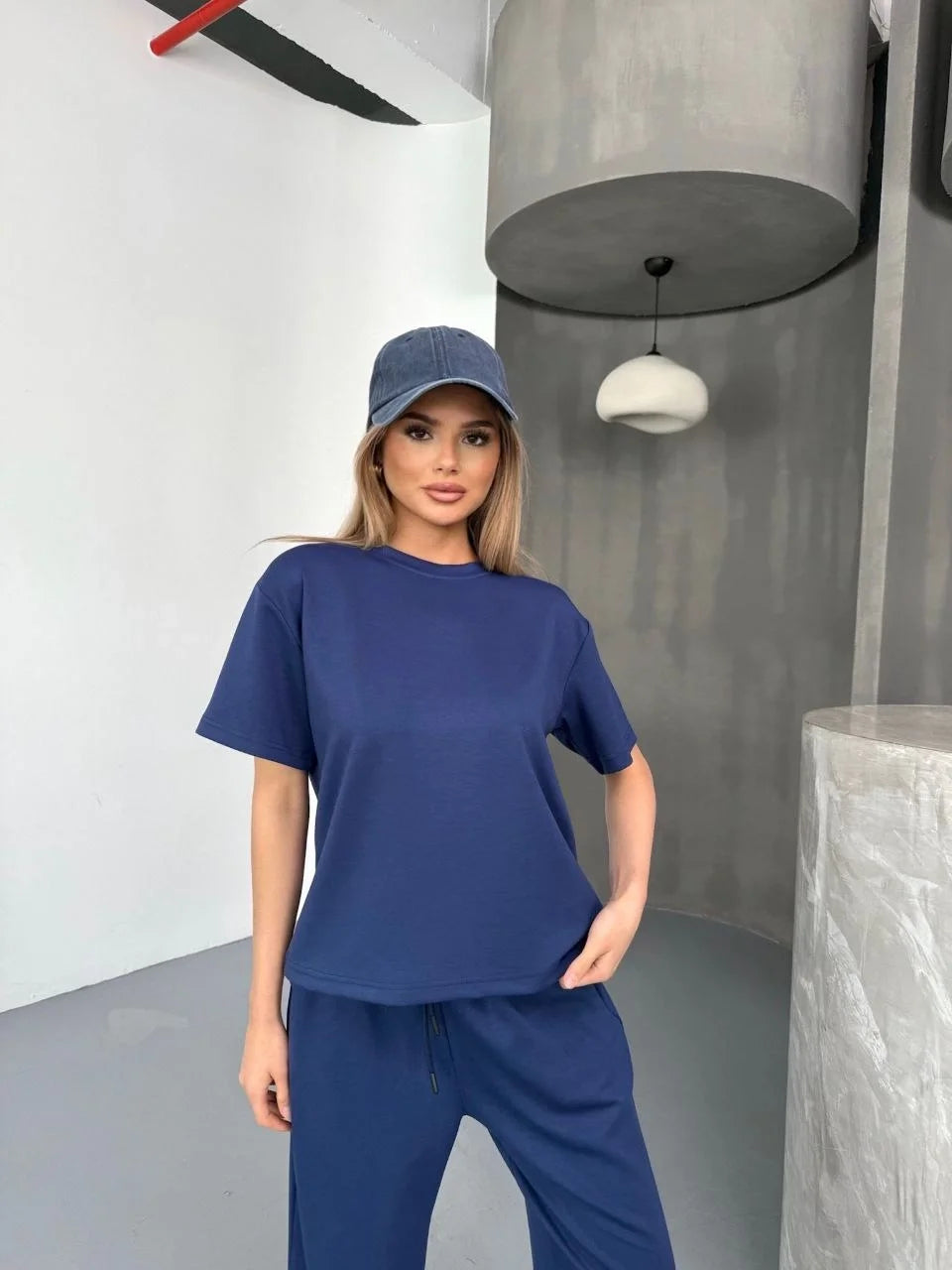 Osy Modal Yumuşak Dokulu Kumaş Kısa Kollu Bluz Rahat Pantalon ikili Takım- Lacivert - Varsayılan