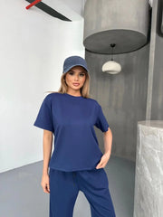 Osy Modal Yumuşak Dokulu Kumaş Kısa Kollu Bluz Rahat Pantalon ikili Takım- Lacivert - Varsayılan