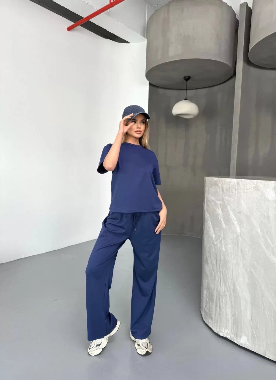 Osy Modal Yumuşak Dokulu Kumaş Kısa Kollu Bluz Rahat Pantalon ikili Takım- Lacivert - Varsayılan