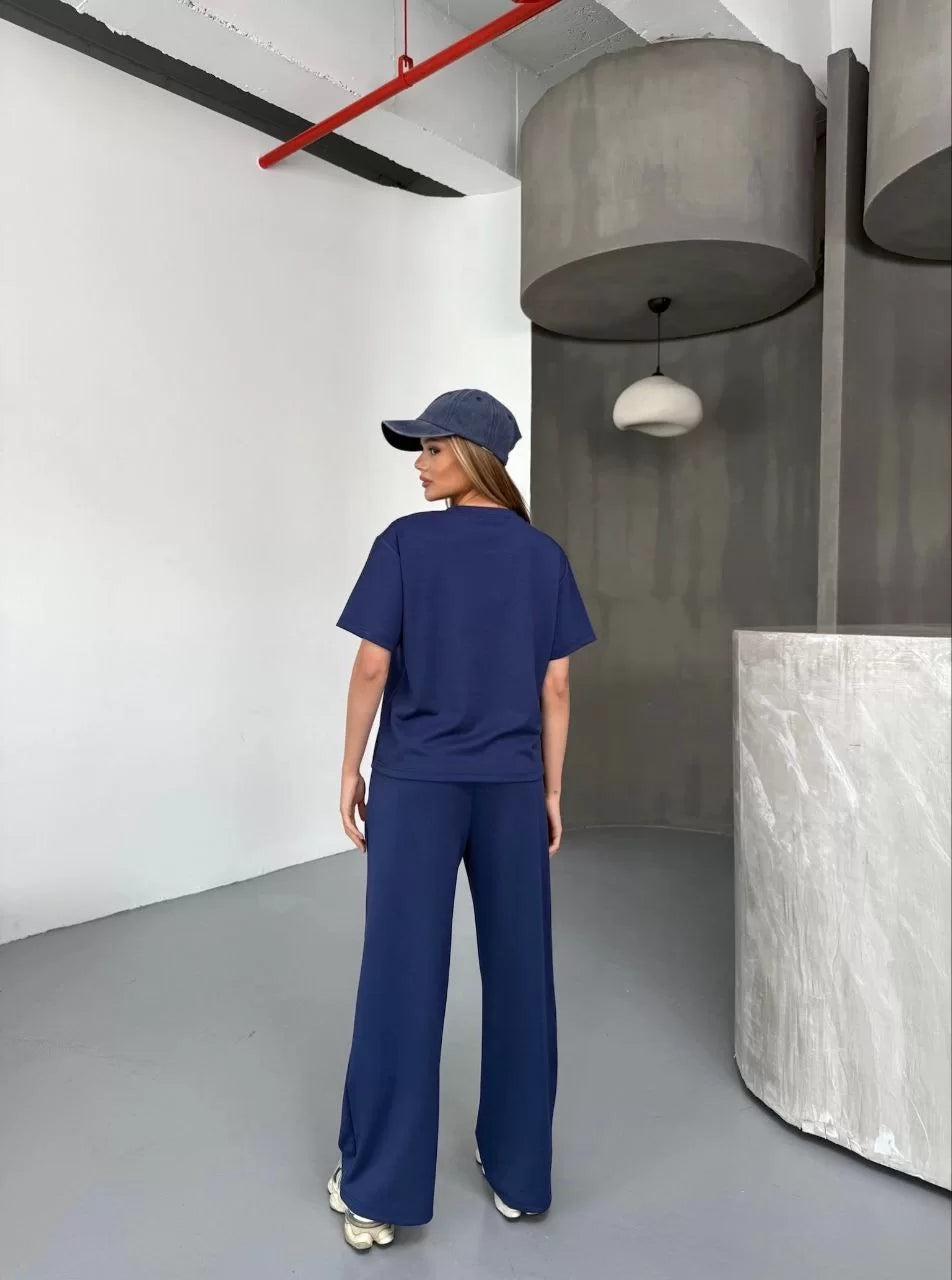 Osy Modal Yumuşak Dokulu Kumaş Kısa Kollu Bluz Rahat Pantalon ikili Takım- Lacivert - Varsayılan