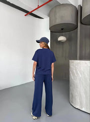Osy Modal Yumuşak Dokulu Kumaş Kısa Kollu Bluz Rahat Pantalon ikili Takım- Lacivert - Varsayılan
