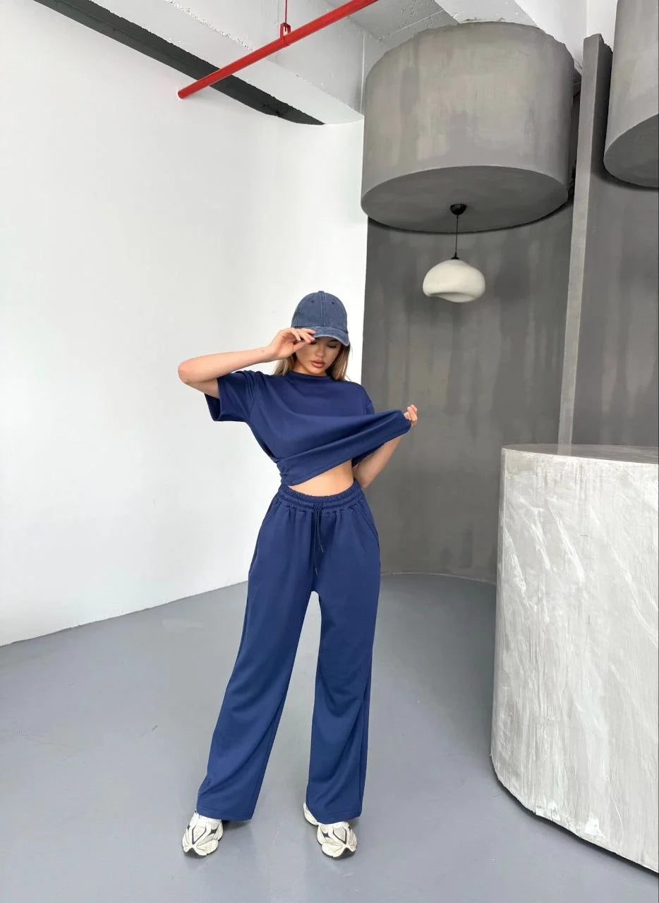 Osy Modal Yumuşak Dokulu Kumaş Kısa Kollu Bluz Rahat Pantalon ikili Takım- Lacivert - Varsayılan