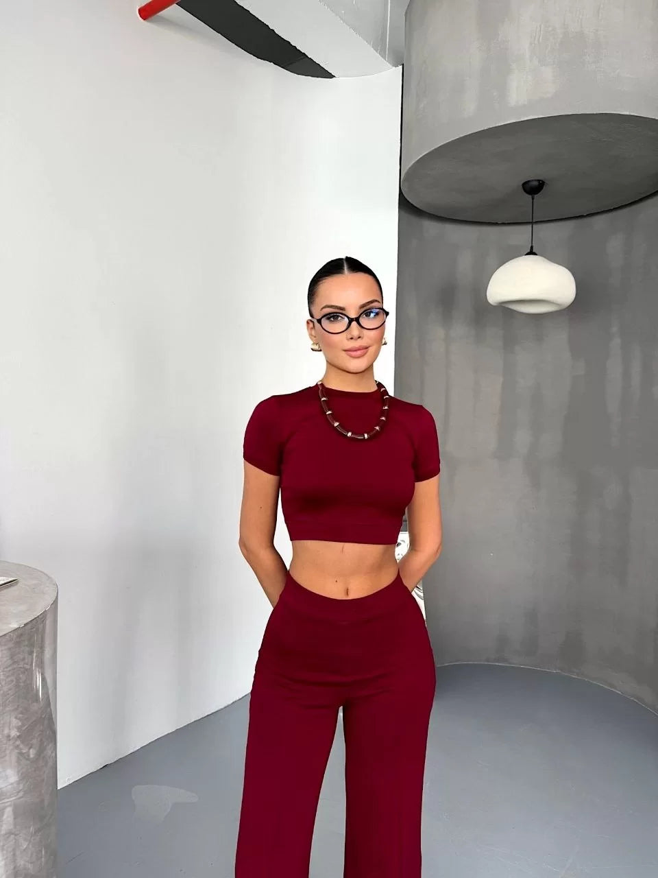 Osy Modal Yumuşak Dokulu Kumaş Kısa Kollu Crop Alt ispanyol Paça Pantalon ikili Takım - Varsayılan