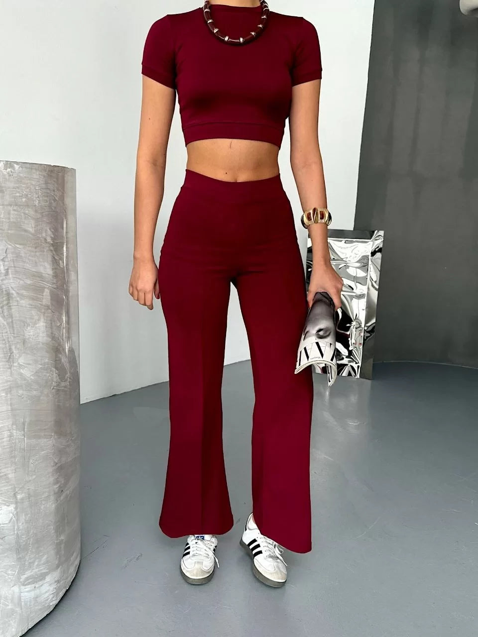 Osy Modal Yumuşak Dokulu Kumaş Kısa Kollu Crop Alt ispanyol Paça Pantalon ikili Takım - Varsayılan
