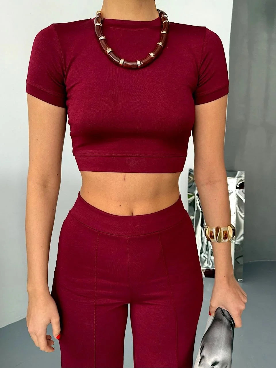 Osy Modal Yumuşak Dokulu Kumaş Kısa Kollu Crop Alt ispanyol Paça Pantalon ikili Takım - Varsayılan