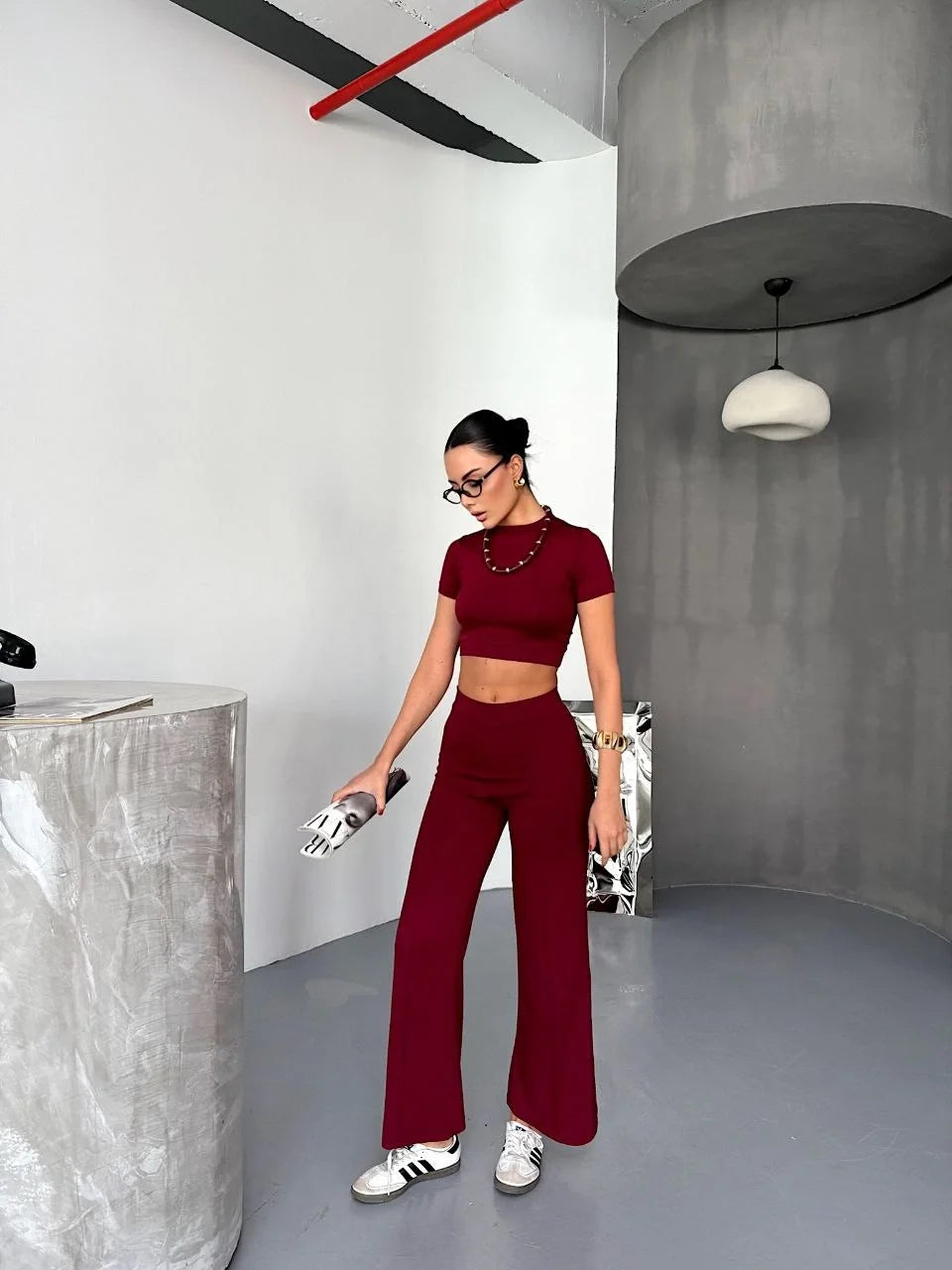 Osy Modal Yumuşak Dokulu Kumaş Kısa Kollu Crop Alt ispanyol Paça Pantalon ikili Takım - Varsayılan