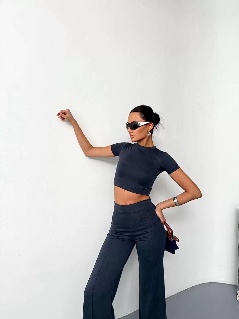 Osy Modal Yumuşak Dokulu Kumaş Kısa Kollu Crop Alt ispanyol Paça Pantalon ikili Takım - Varsayılan