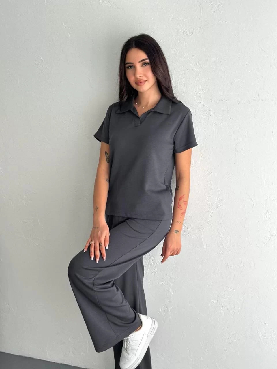 Osy Modal Yumuşak Dokulu Kumaş Kısa Kollu Yakalı T-shirt Pantalon ikili Takım- Siyah - Varsayılan