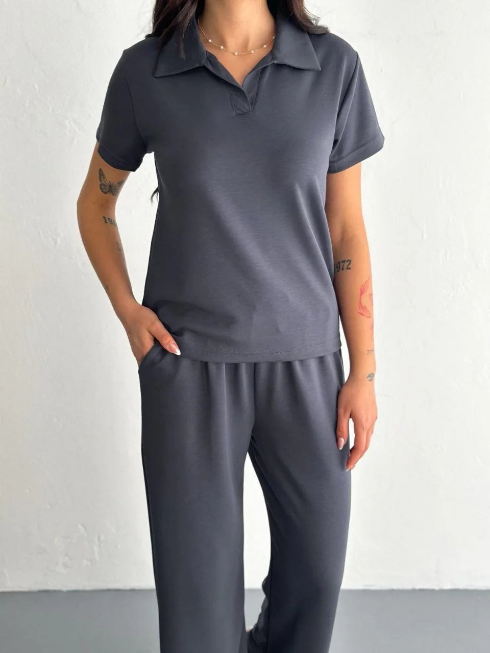 Osy Modal Yumuşak Dokulu Kumaş Kısa Kollu Yakalı T-shirt Pantalon ikili Takım- Siyah - Varsayılan