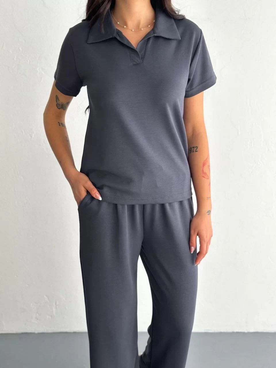 Osy Modal Yumuşak Dokulu Kumaş Kısa Kollu Yakalı T-shirt Pantalon ikili Takım- Siyah - Varsayılan