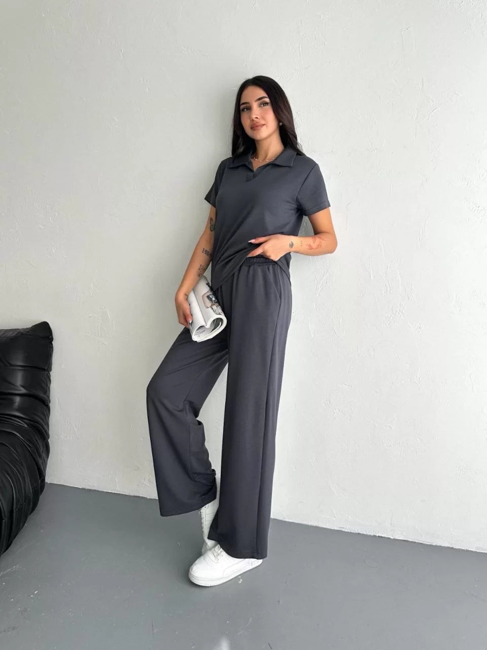 Osy Modal Yumuşak Dokulu Kumaş Kısa Kollu Yakalı T-shirt Pantalon ikili Takım- Siyah - Varsayılan