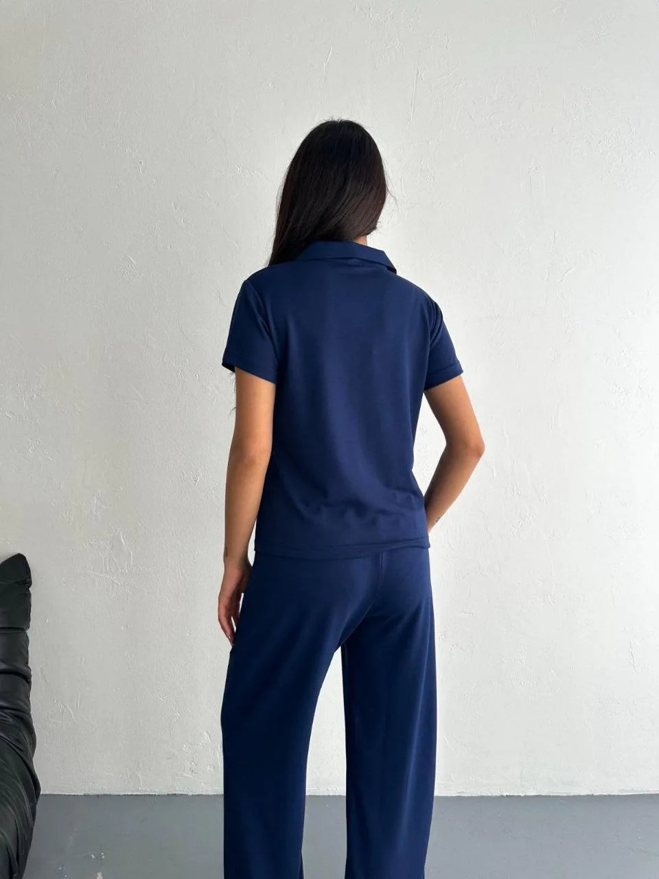 Osy Modal Yumuşak Dokulu Kumaş Kısa Kollu Yakalı T-shirt Pantalon ikili Takım- Siyah - Varsayılan