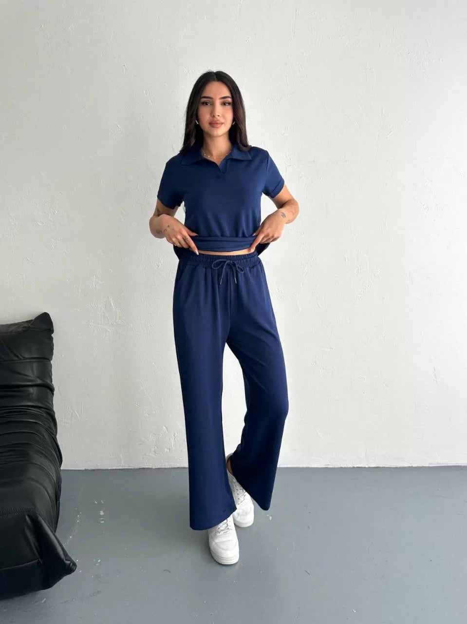 Osy Modal Yumuşak Dokulu Kumaş Kısa Kollu Yakalı T-shirt Pantalon ikili Takım- Siyah - Varsayılan