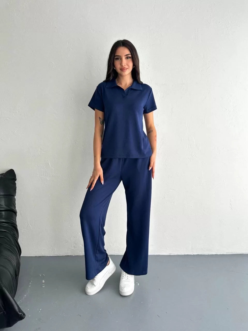 Osy Modal Yumuşak Dokulu Kumaş Kısa Kollu Yakalı T-shirt Pantalon ikili Takım- Siyah - Varsayılan