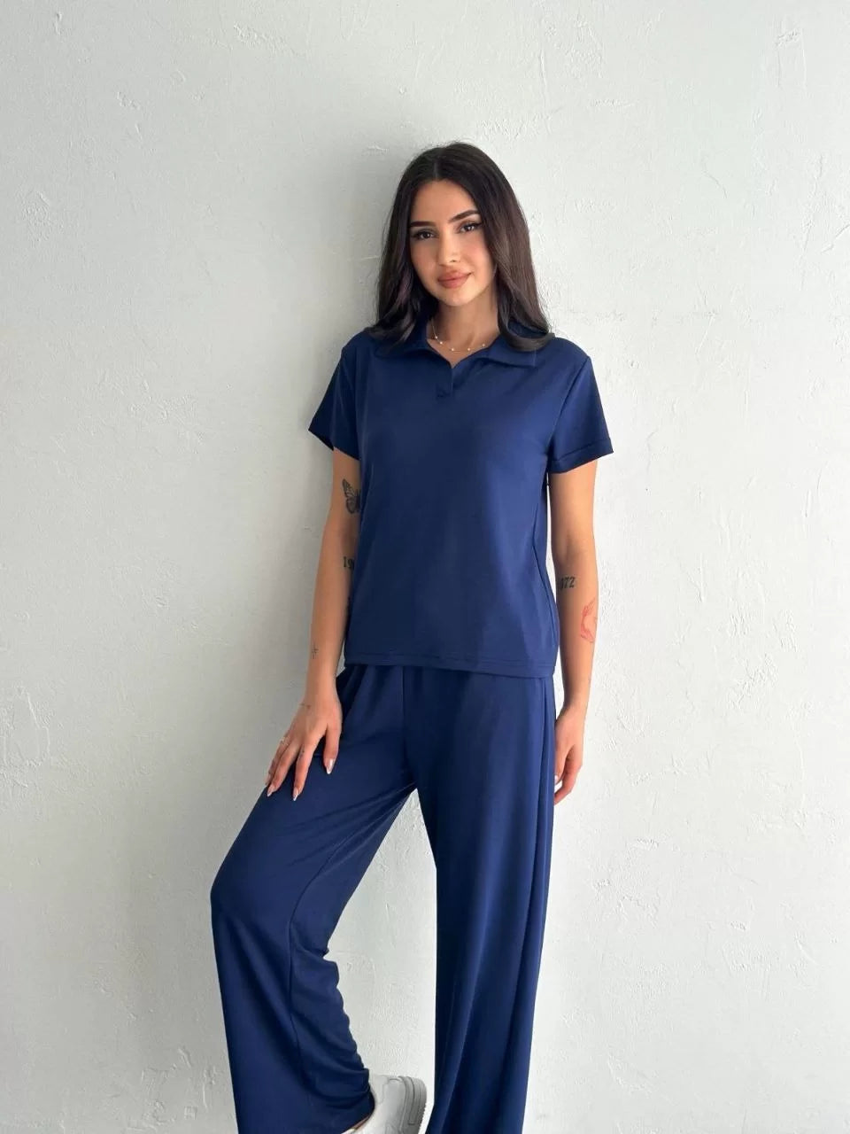 Osy Modal Yumuşak Dokulu Kumaş Kısa Kollu Yakalı T-shirt Pantalon ikili Takım- Siyah - Varsayılan