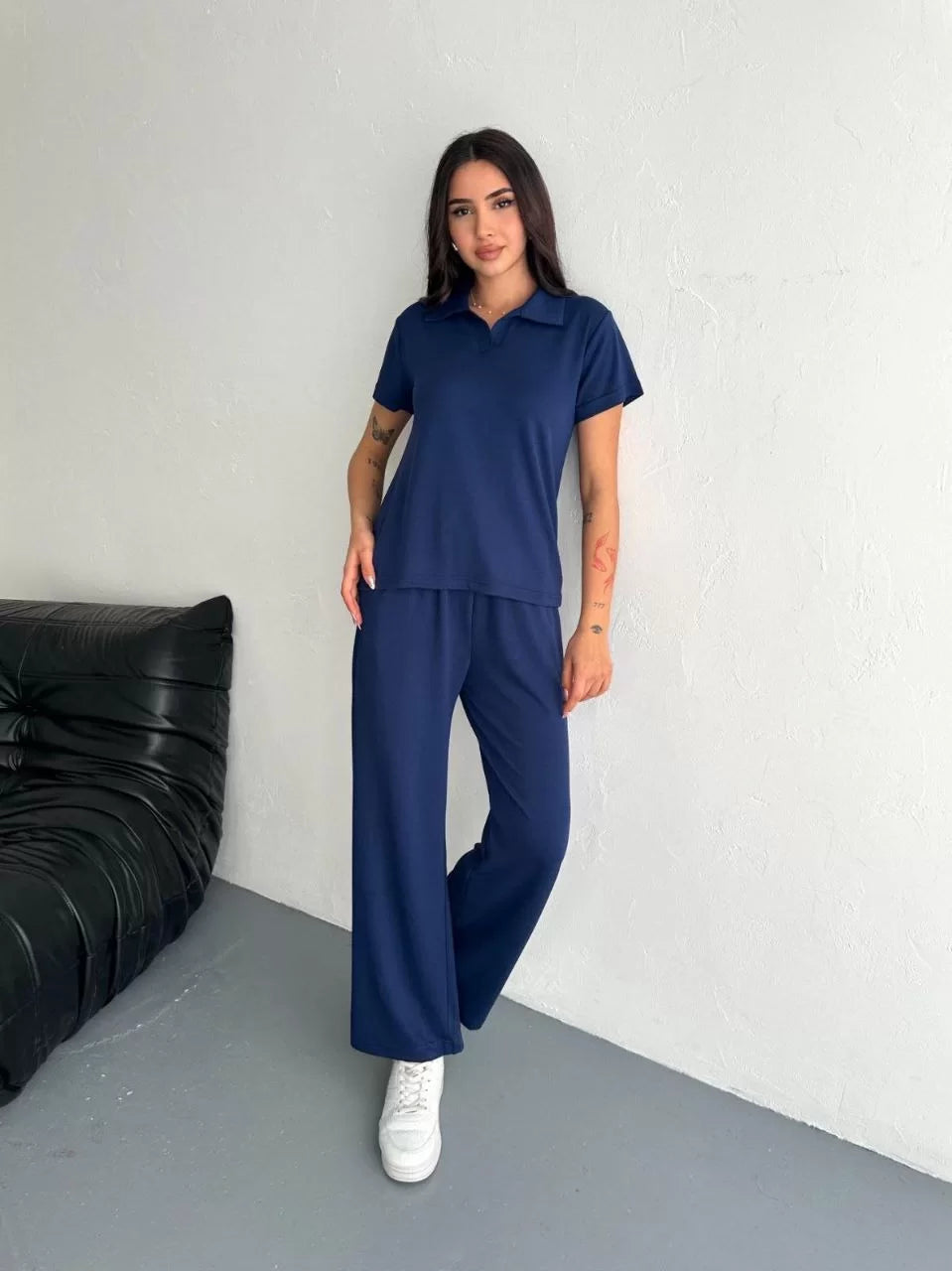 Osy Modal Yumuşak Dokulu Kumaş Kısa Kollu Yakalı T-shirt Pantalon ikili Takım- Siyah - Varsayılan