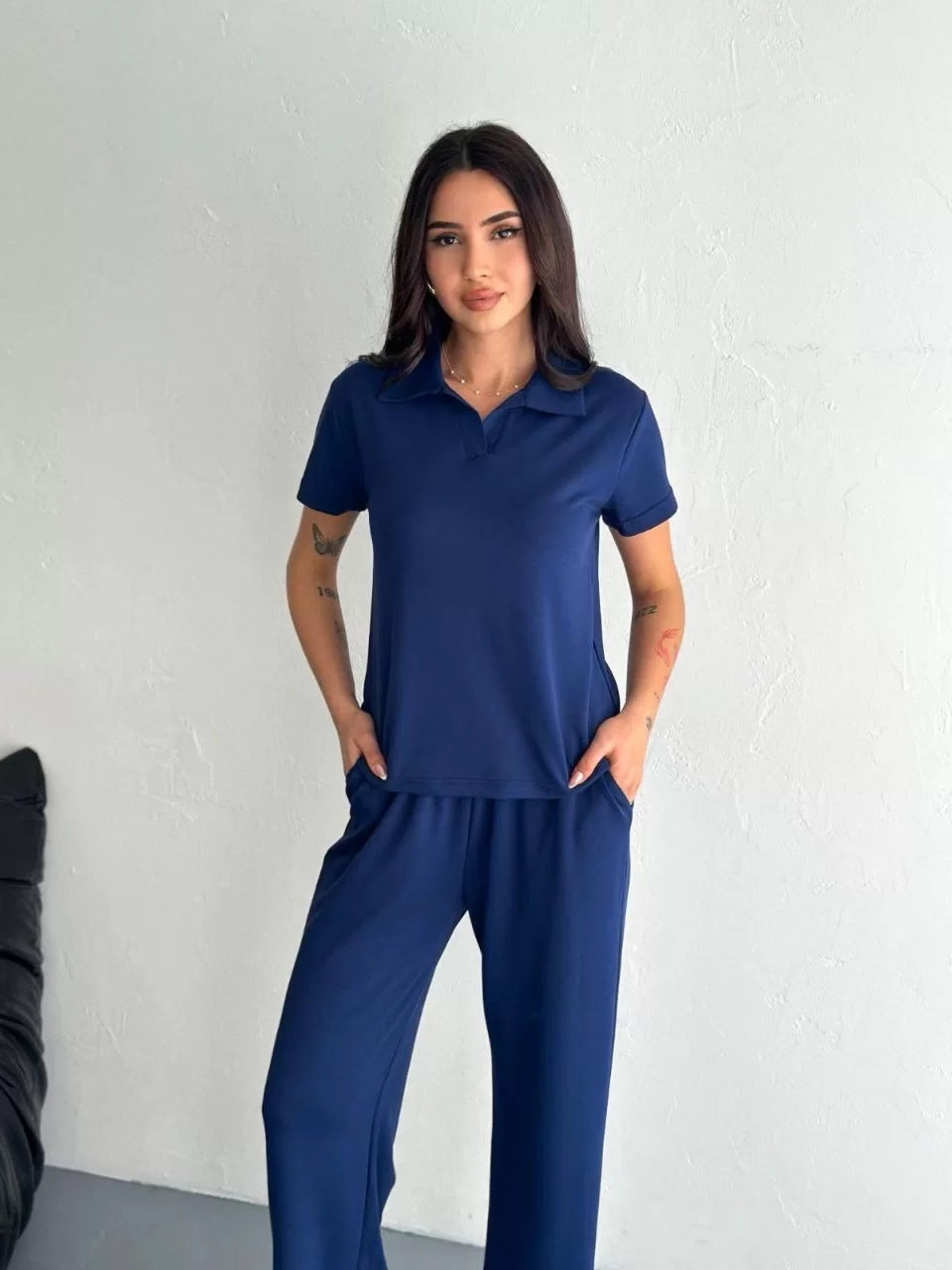 Osy Modal Yumuşak Dokulu Kumaş Kısa Kollu Yakalı T-shirt Pantalon ikili Takım- Siyah - Varsayılan