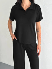 Osy Modal Yumuşak Dokulu Kumaş Kısa Kollu Yakalı T-shirt Pantalon ikili Takım- Siyah - Varsayılan