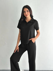 Osy Modal Yumuşak Dokulu Kumaş Kısa Kollu Yakalı T-shirt Pantalon ikili Takım- Siyah - Varsayılan